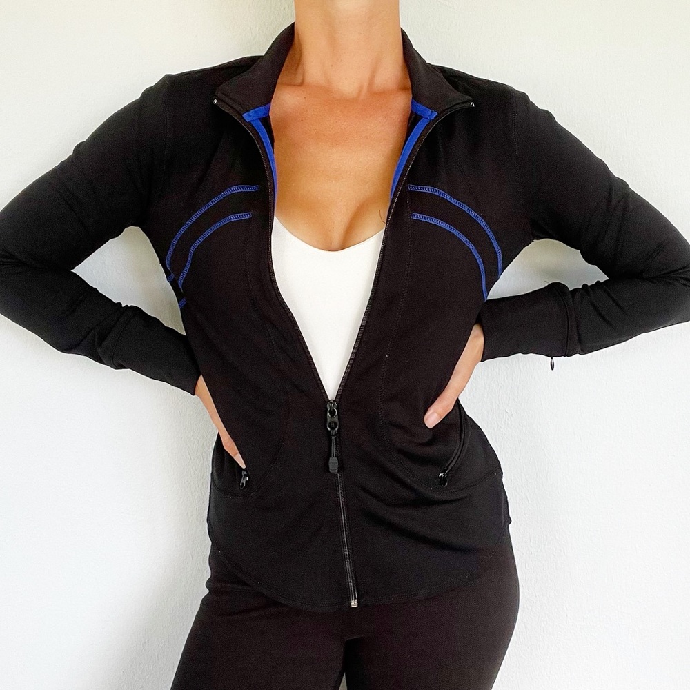 NY&Co in motion black blue stretch full zip athletic track jacket size small